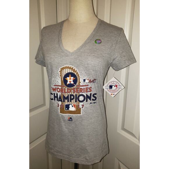 Houston Astros World Series Champs Light Grey 2017 V-Neck T Shirt Size Small NEW - Picture 2 of 7